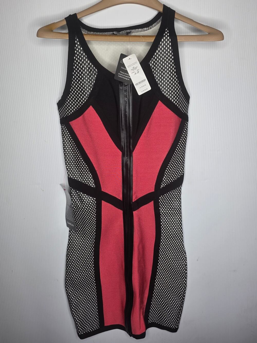 New With Tags Bebe Mesh Panel Colorblock Dress  S Pink Black Sleeveless Bodycon